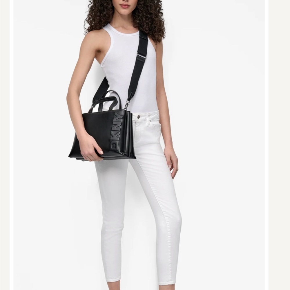 DKNY Tinsley Logo Embossed Medium Black Satchel/Crossbody Bag. NWT